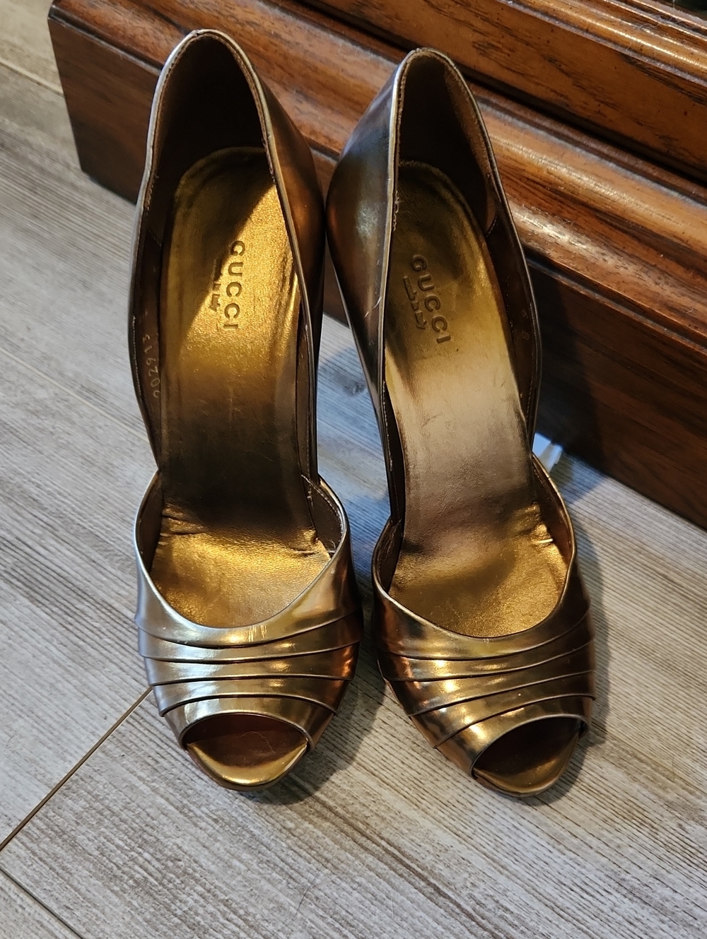 Gucci Metallic Gold Open-Toe Stacked Heels